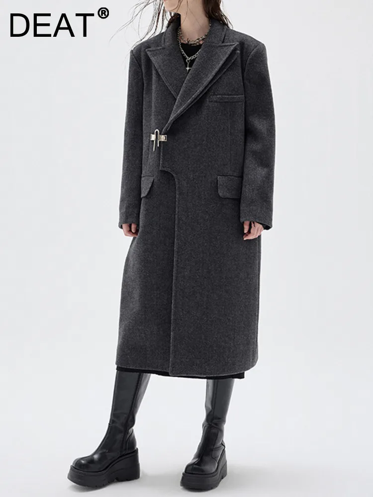 

DEAT Fashion Women's Trench Coat Metal Botton Loose Pockets Double Layer Collar Woolen Windbreaker Autumn 2023 New Tide 7AB140