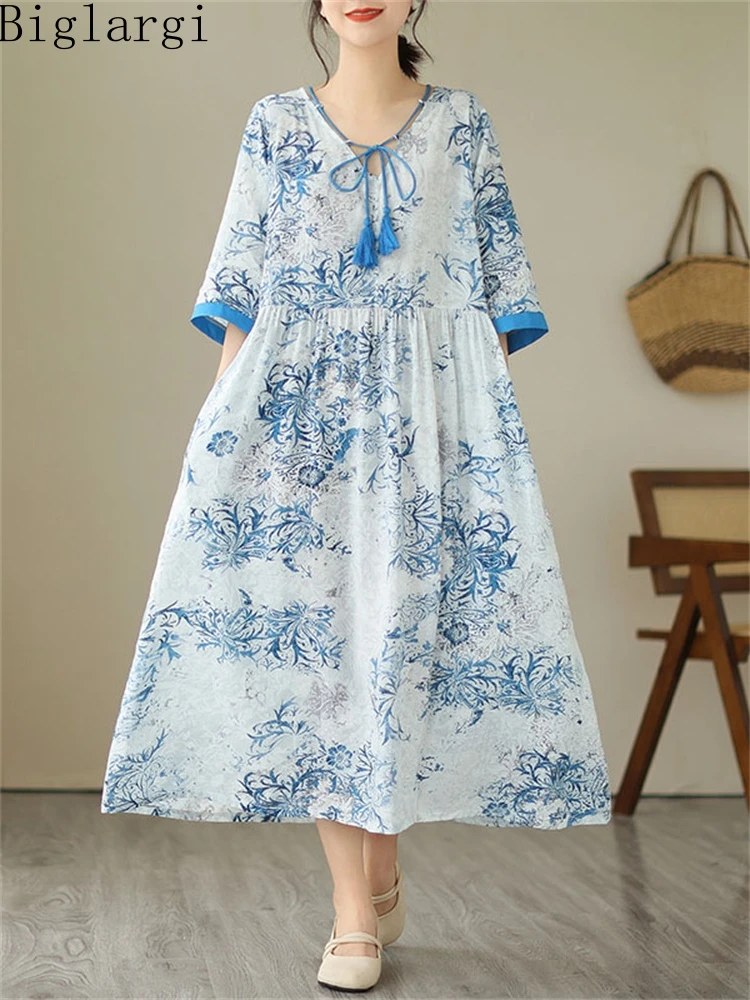 

Летнее платье большого размера в Корейском стиле, новинка, женское платье с принтом в этническом стиле, женское платья из ткани рами, повседневный Свободный пуловер, длинное платье большого размера