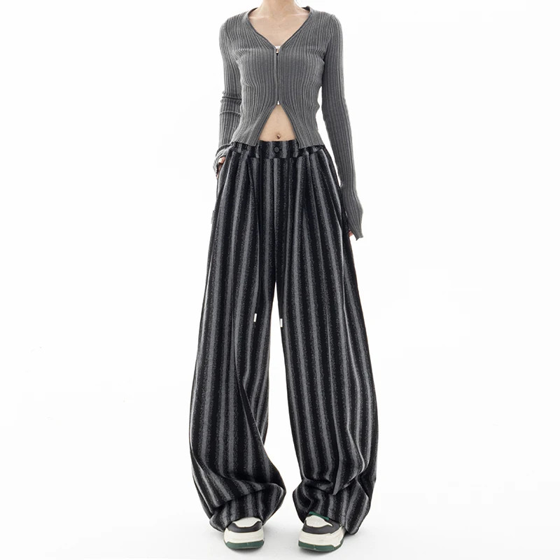 Autumn and Winter New Striped Casual Trousers Women's Straight Loose Wide-Leg Pants Drawstring Lace Slim Fit Mop Pants