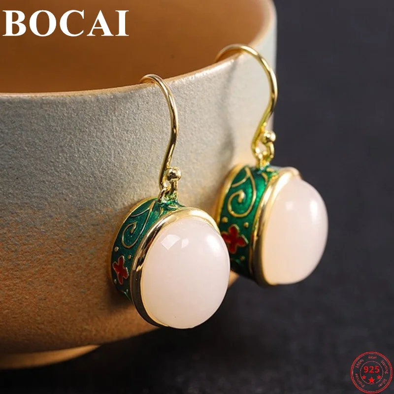 

BOCAI 100% S925 Sterling Silver Earrings Jade Enamel Thai Silver Burnting Blue Jewelry Pure Argentum Gemstone Women's Ear Drop