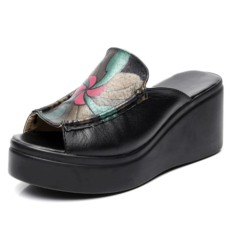 

Summer Wedge Heel Cowhide Women's Sandals and Slippers Ethnic Style Sponge Cake Bottom Raised Leather Fish Mouth Women's Sandals