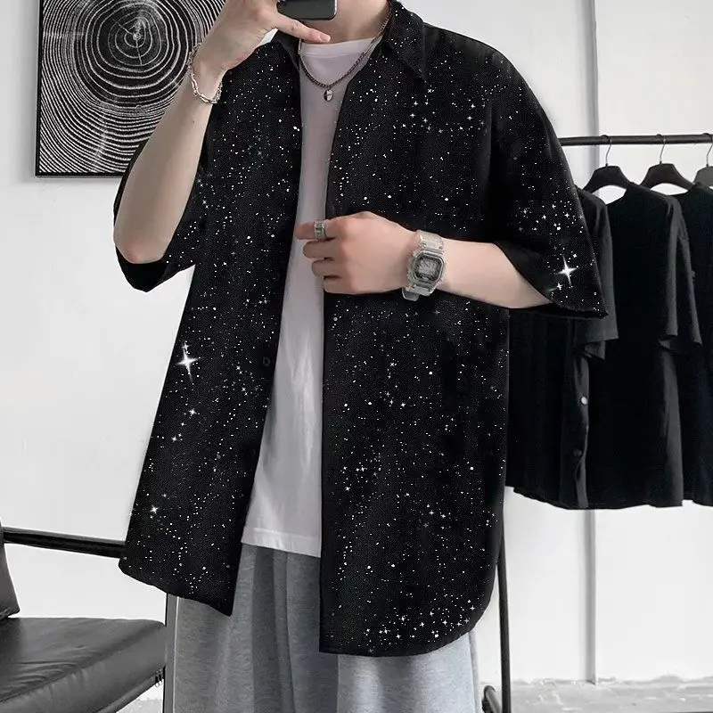 Korean Style Fashion Streetwear Men's Half Sleeve  Shirt 2022 Casual Blouses Top Printed Streetwear Men Shirts E79