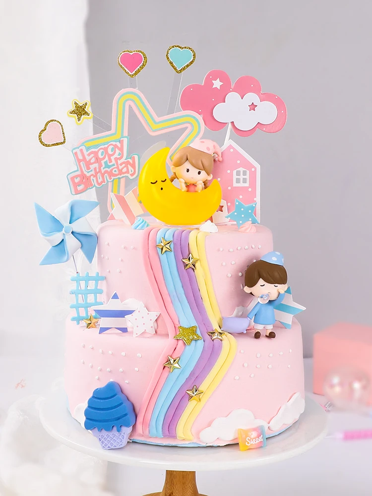 

Boy Birthday Party Blue Pink Moon Star Cake Topper Sequin Paper Dessert Cupcake Ornament Decoration Baby Shower Baking Supplies