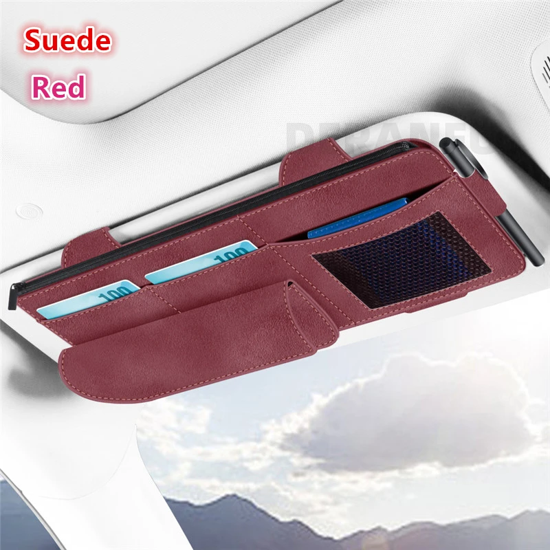 

Автомобильный солнцезащитный козырек, сумка для хранения, кожаная замшевая коробка с несколькими карманами, органайзер для солнцезащитного козырька, автомобильные очки, зажим для карт, карманы для хранения