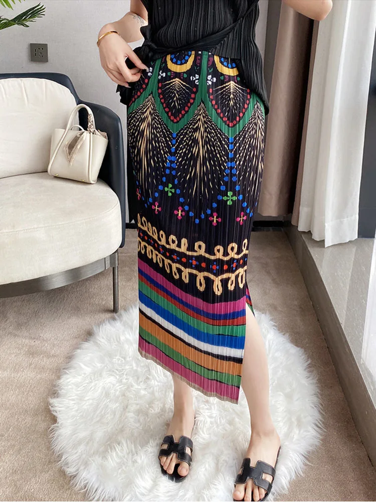 

Miyake Women Pleated Skirt Colorful Printing Elastic Waist Hip Package Elegant Skirts Casual Style 2022 Summer Fashion Y2k