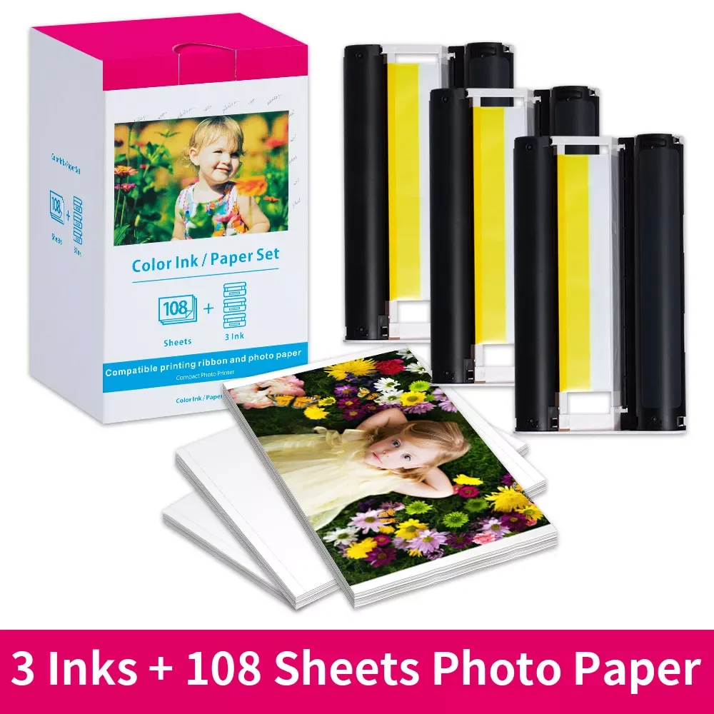 

KP 108IN 3 Ink Cartridges and 108 Sheets Glossy Photo Paper 4"x6" Compatible for Canon Selphy CP1300 CP1200 CP910 CP90