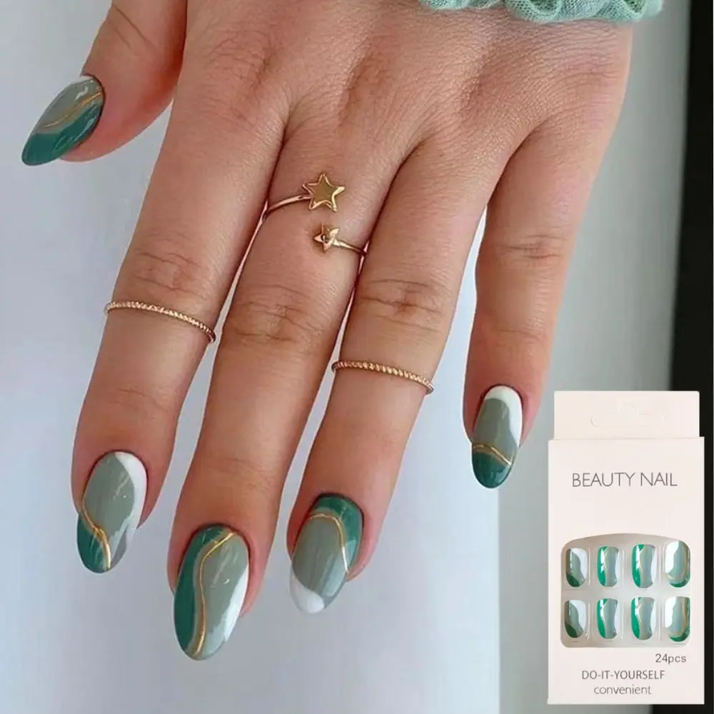 

24pcs Press On Nails Full Cover Green Gold Lines Style False Nails Oval French Short Fake Nails