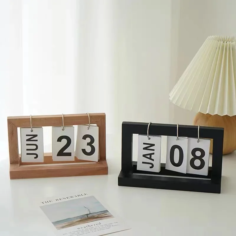 

2022 Creative Wooden Page Turning Desk Calendar Wooden Flipping Calendar Standing DIY Desk Calendar Office Home Calendar Decor