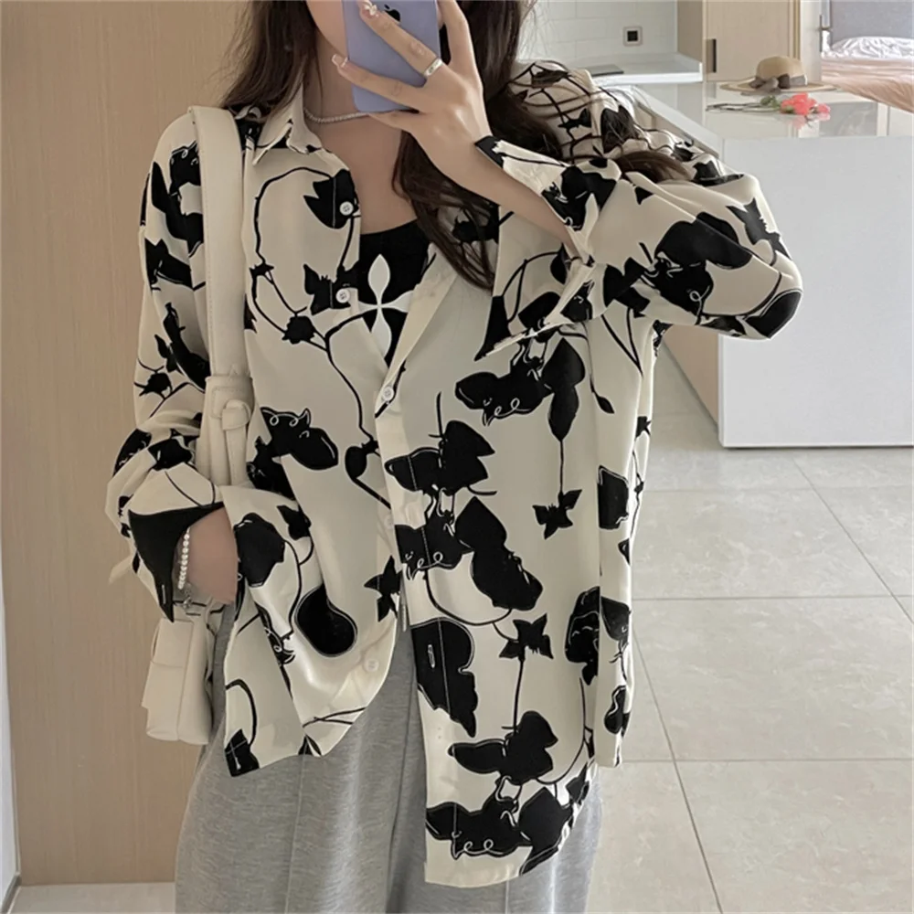 

Alien Kitty Spring Korea Lapel Holiday Chic Shirts Roses Printed Lazy Style 2022 Hot Full Sleeves Casual Sweet OL Hot Loose