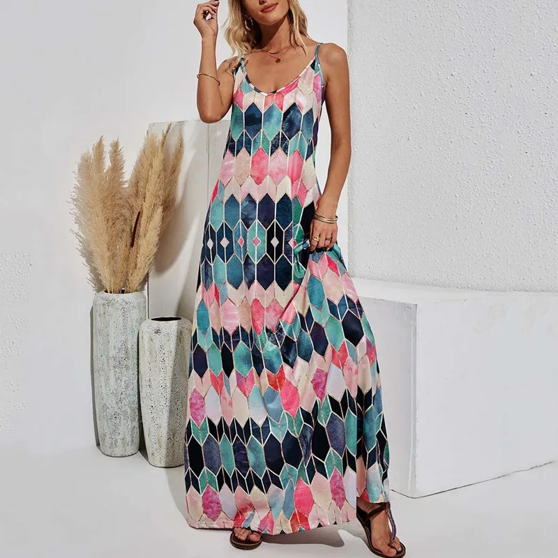 

2022 New Casual Women Long Dress Elegant Prismatic Print Maxi Dress Lady Summer V-neck Sexy Spaghetti Strap Loose Dress Vestidos