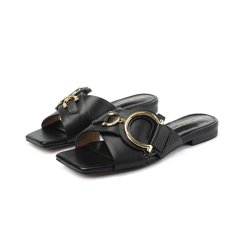 Women's Flat Bottomed Open Toe Slippers, Metal Letter Sandals, Beach Slippers, Genuine Leather Indoor And Outdoor Women's Shoes