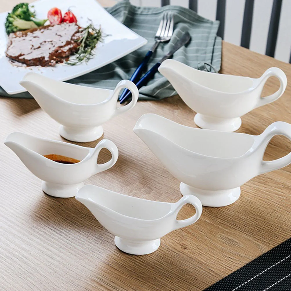 2pcs Ceramic Gravy Boats White Porcelain Sauce Bowl Steek Condiment Boats Saucier Boats With Handle Kitchen Tableware