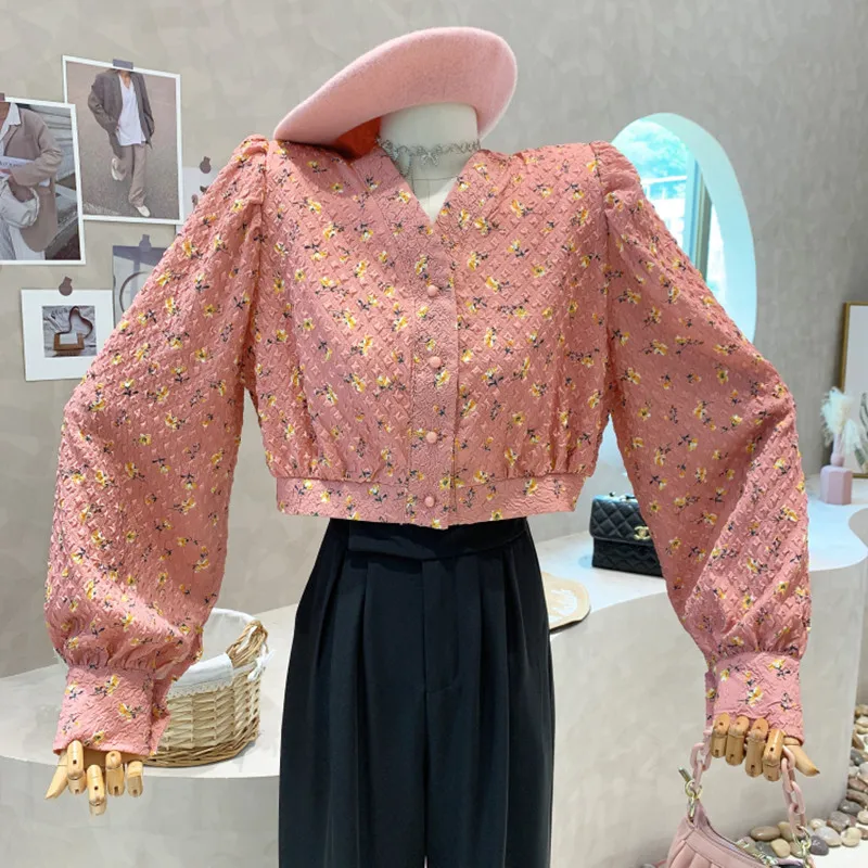 

New Women's Clothing 2022 Spring Vintage Puff long sleeve V-neck shirt high waist short Fashion Tops feminine blouses
