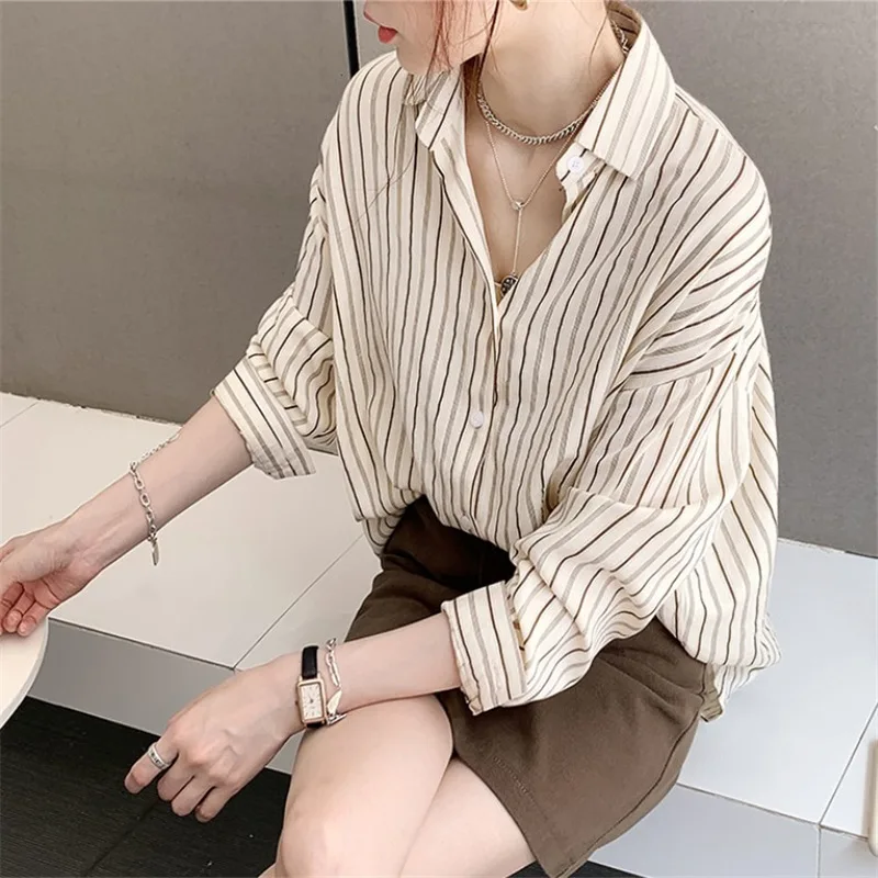 

Женская рубашка в полоску, свободная универсальная повседневная рубашка в корейском стиле ретро