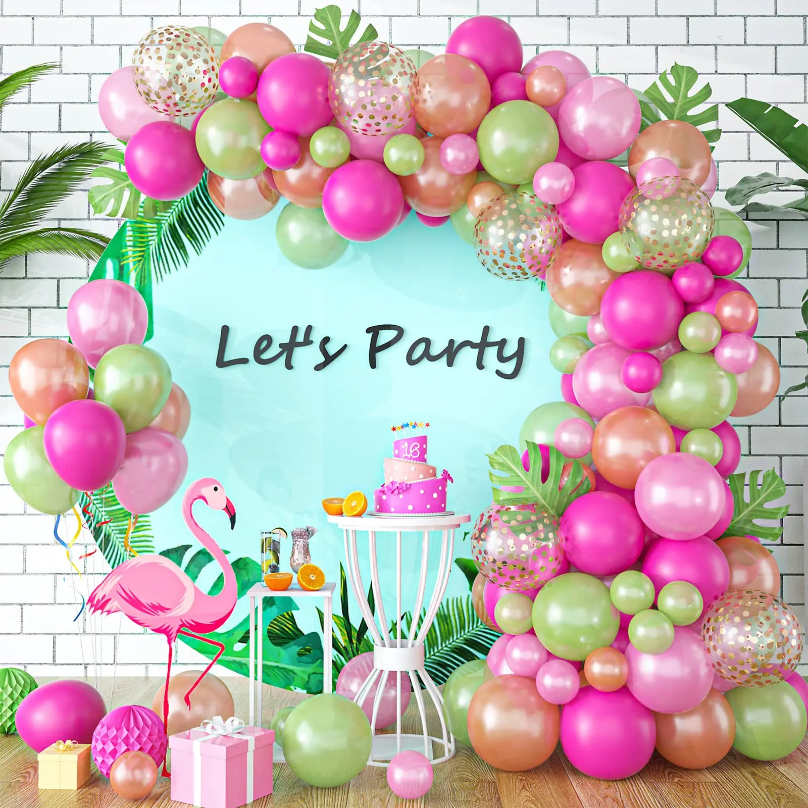 

109pcs Green Pink BalloonTropical Balloons Arch Kit Palm Leaves Tropical Theme Hawaii Flamingo Birthday Baby Shower Decorations