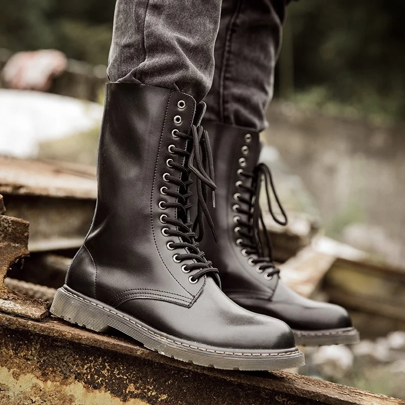 

Autumn Fashion Retro Mid Calf Mens Motorcycle Boots Round Toe Lace Up Thick Bottom British Safety Male High Top Boots