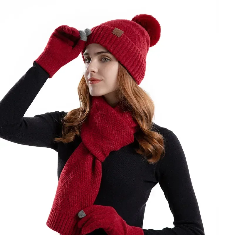 

Knit Keep Bobble Set Fleece Thicken Beanie Women's Wholesale Muffler Scarf Gloves Telefingers Winter Lining Hat Warm Christmas