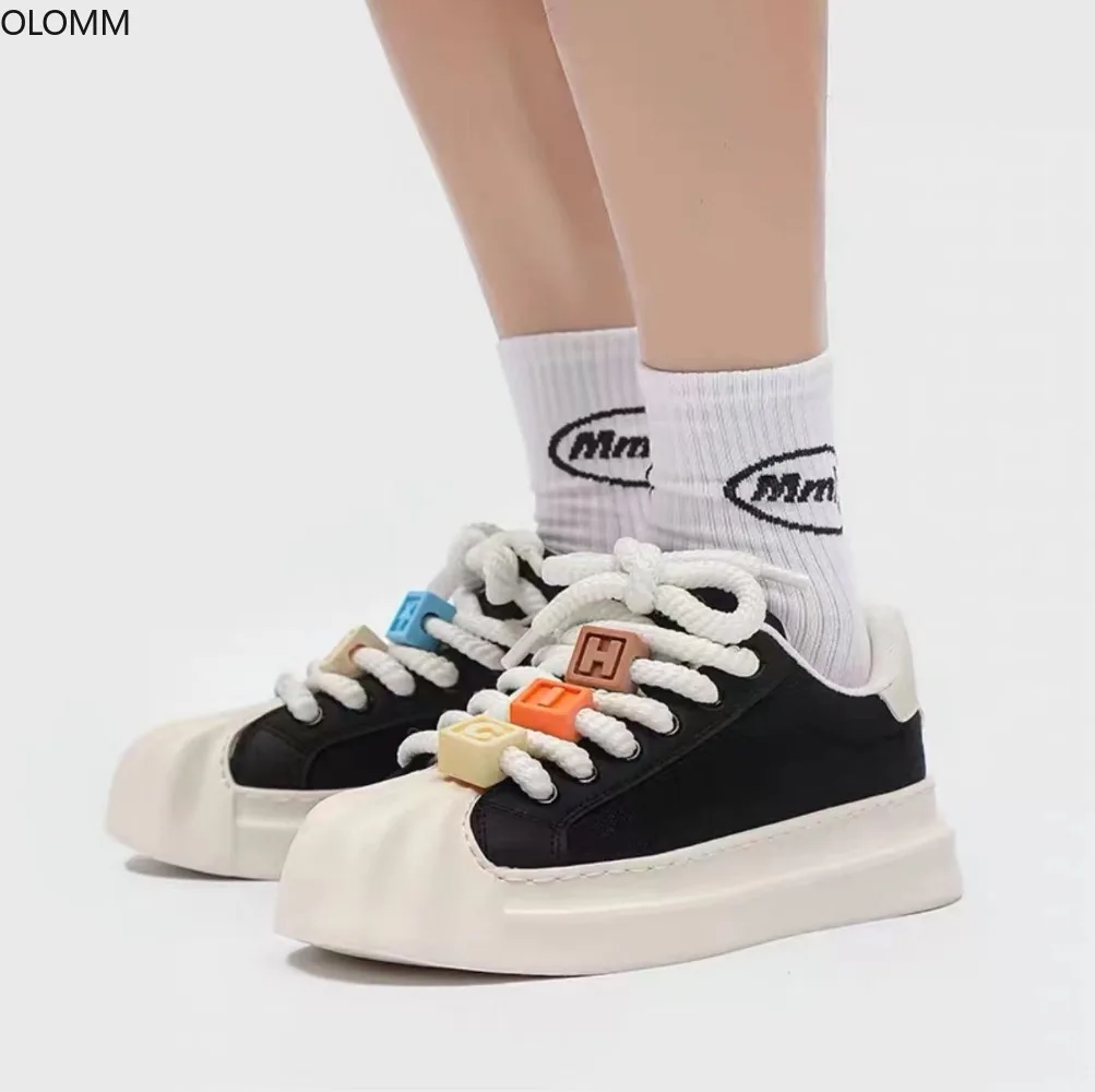 

Sneakers Womens PU Leather Platform Flats Mesh Lace Up Sport Casual Round Toe Shoes Black White Girls New 2023