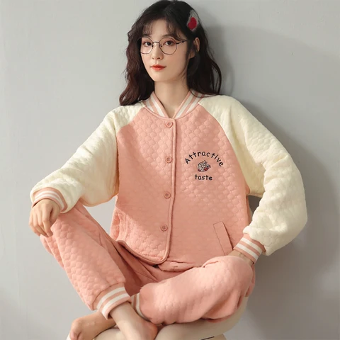 3-слойная утепленная пижама из 100% хлопка, мягкая женская пижама в стиле пэчворк с мультяшной вышивкой для сна в школьном стиле