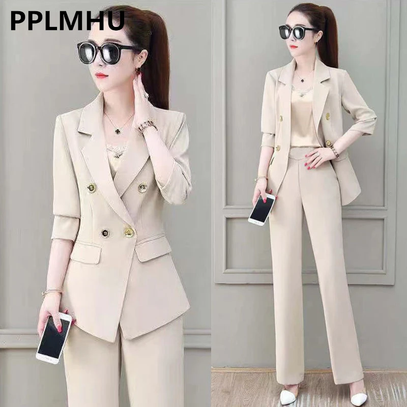 

Office Lady Elegant Suit Women 2 Piece Set Spring Fall Formal Casual Unlined Blazer Jacket Outfits Wide Leg Pant Suits Assembles