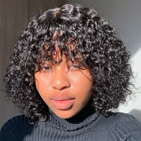 What You See is What You Get Middle Part HD Lace Real Natural Wig Water Wave Short Curly Human Hair Wigs With Bangs No Glueless