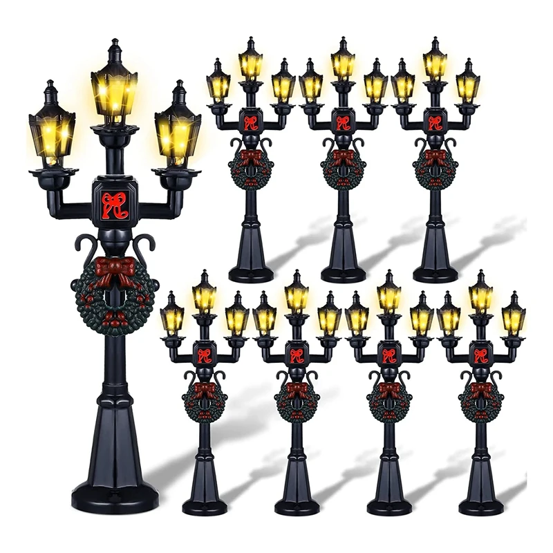 

8 Pcs Christmas Lamp Post Village Fairy Train Lantern Lamp Miniature Street Lamp Dollhouse Village Pathway Post Lights Black
