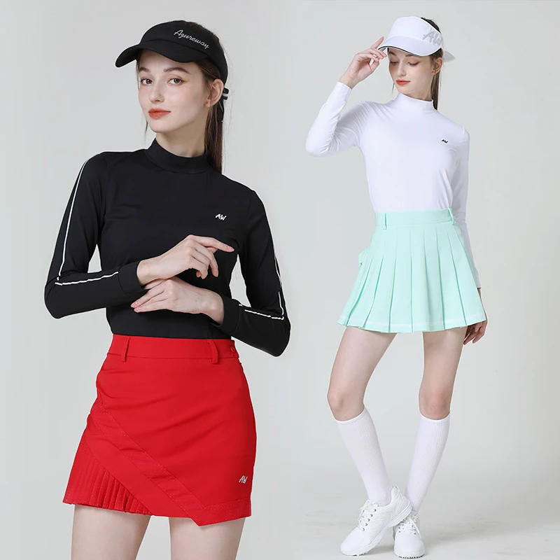 

Azureway Ladies Fleece Warm Tops Long-sleeved Golf Shirt Women Golf Pleated Skirt Anti-exposure Pencil Skort Slim Clothing Suits
