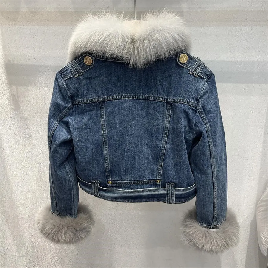 KoHuiJoo Plush Thickened Denim Coat Women Korean 2022 Winter Fashion Personality Short Fox Fur Fur Coat Double breasted Jacket