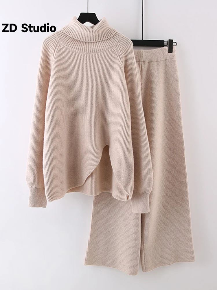 

[ZD Studio] 2 Pieces Sets Korean Version Irregular Sweater Set Women's Autumn Winter New Pullover Wide Leg Pants