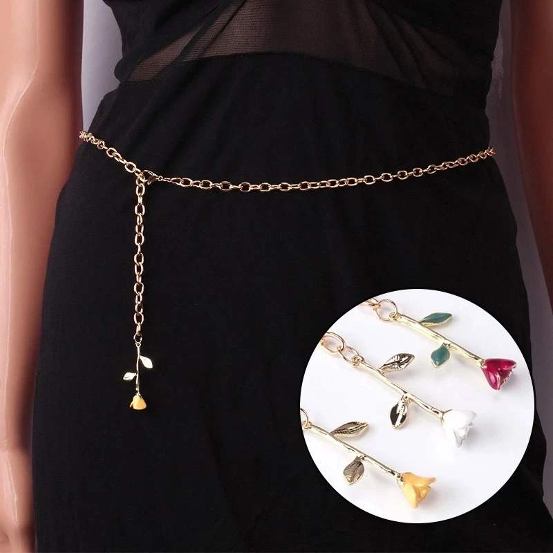 

Metal Chain Belts for Women Waistband Gold Rose Flower Decorative Waist Chains Fashion Female Jeans Suit Dress Waist Belt