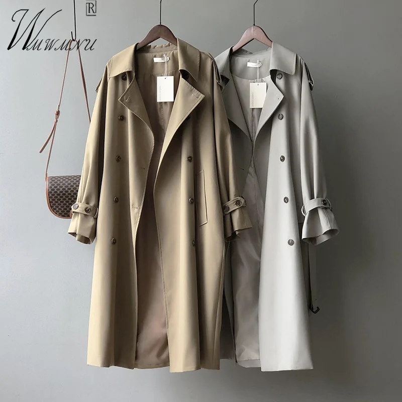 

Classic Khaki Long Trench Coats Women Oversize Korean Fashion Belt Windbreaker Fall Spring Overcoat Double Breasted