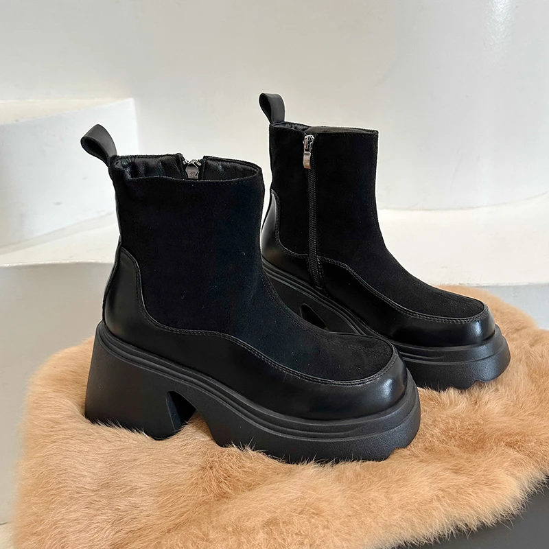 Замшевые женские зимние ботильоны на высоком каблуке трендовые ботинки Челси 202