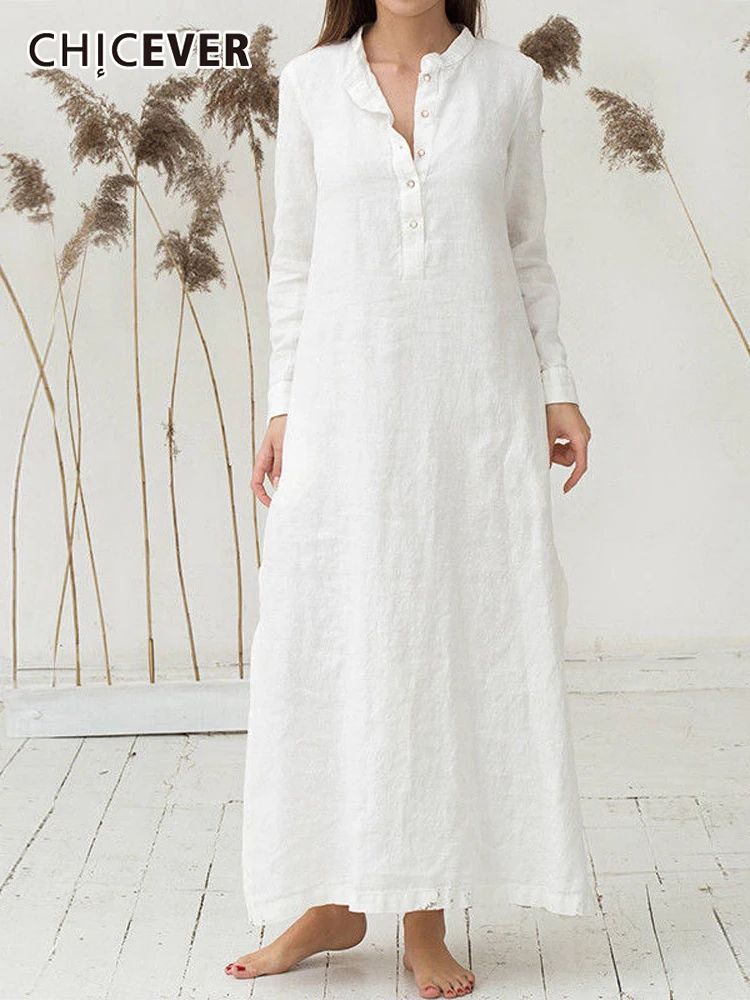 

CHICEVER Casual Solid Side Split Midi Dress For Women Stand Collar Long Sleeve Minimalist Shirt Dresses Female 2022 Spring Style