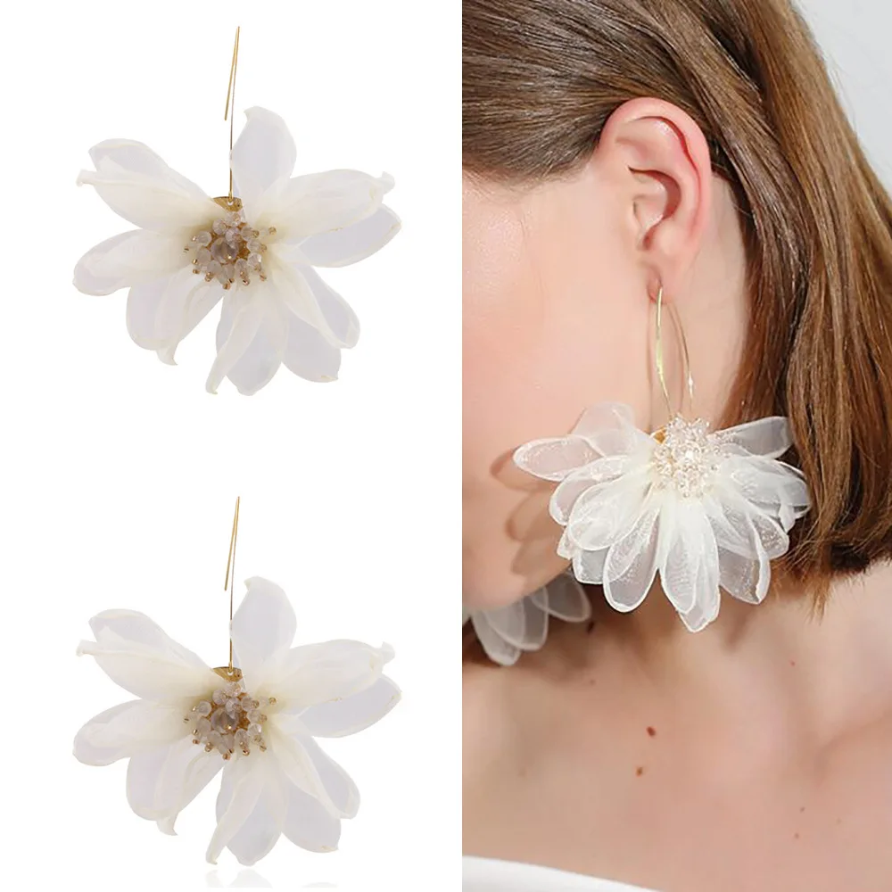 

Bohemia Organza Flowers Earrings for Women Wedding Elegant Vacation Sweet Girls Charm Petal Long Earrings Jewelry Party Gifts