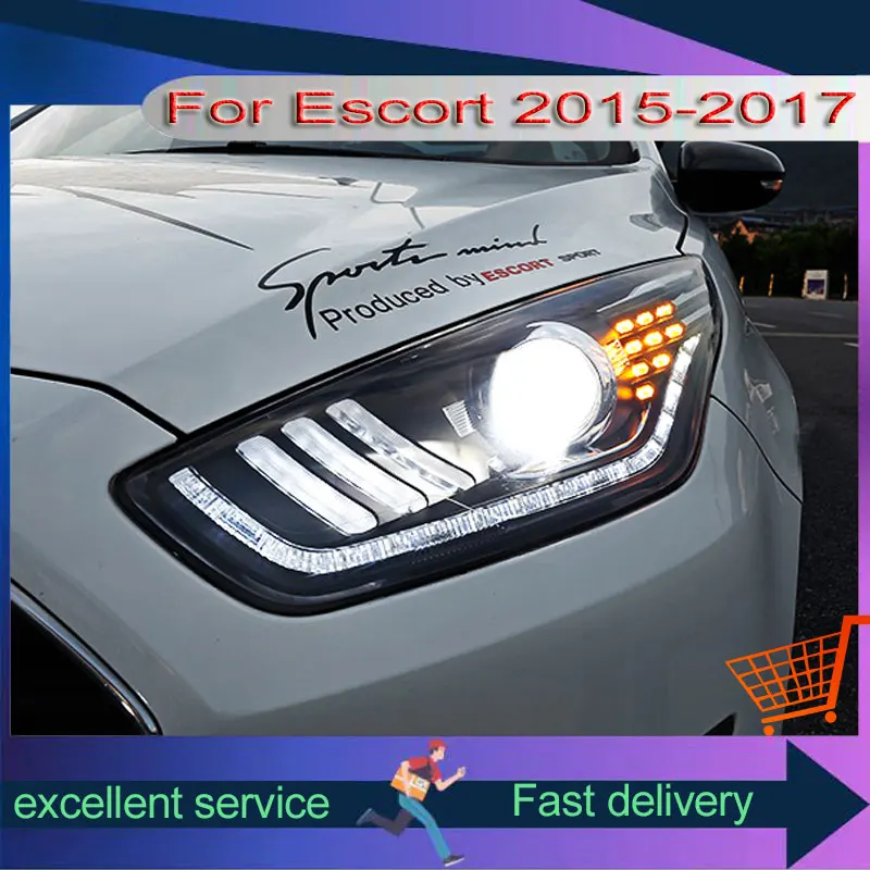 Фото Автомобильные фары для Ford Escort 2015-2017, фара в сборе, ремонт в стиле Mustang, светодиодные DRL с двойной проекционной линзой, ксеноновая передняя лампа №4