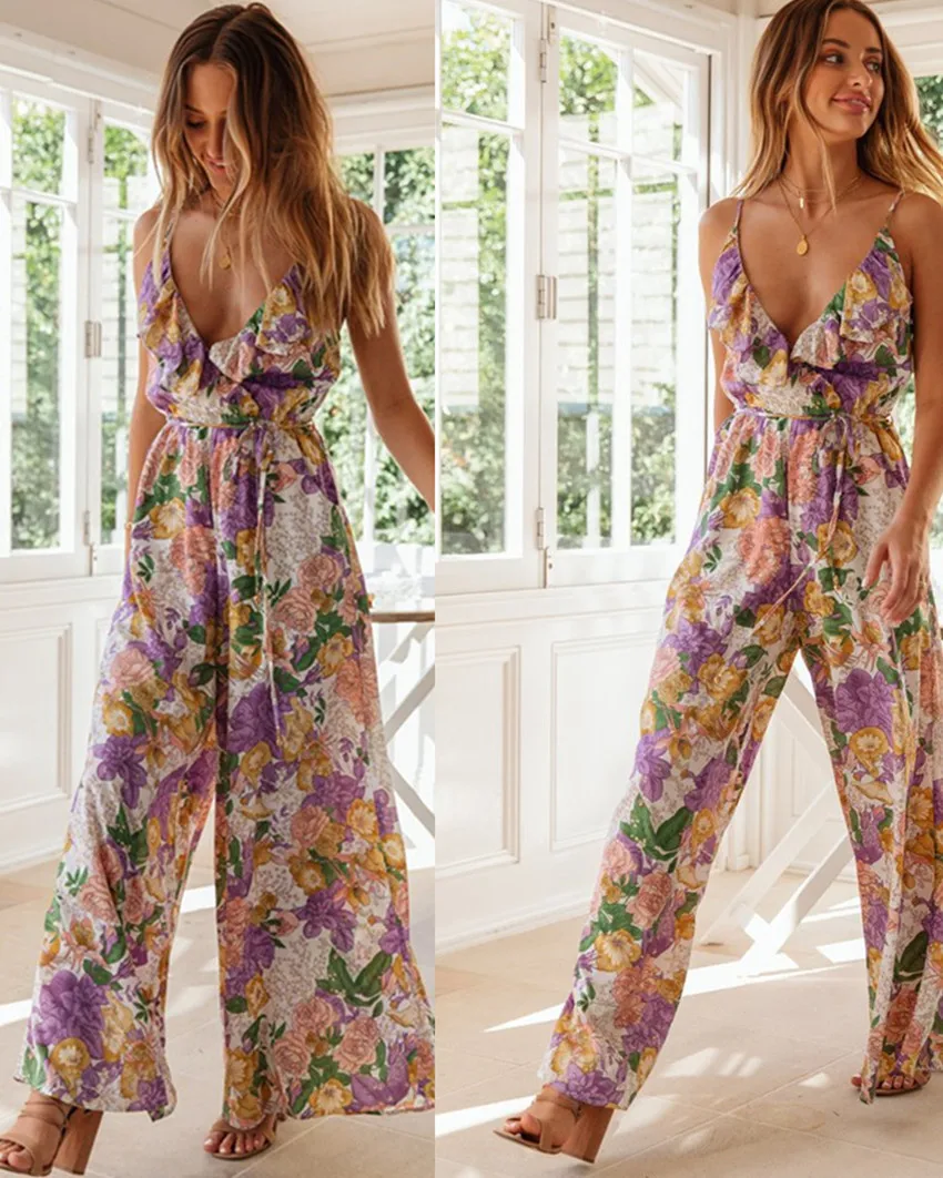 

Women's Jumpsuit Women's Ruffle Stitching V-Neck Tie Floral Jumpsuit Summer Casual Seaside Resort Style Suspender Jumpsuit
