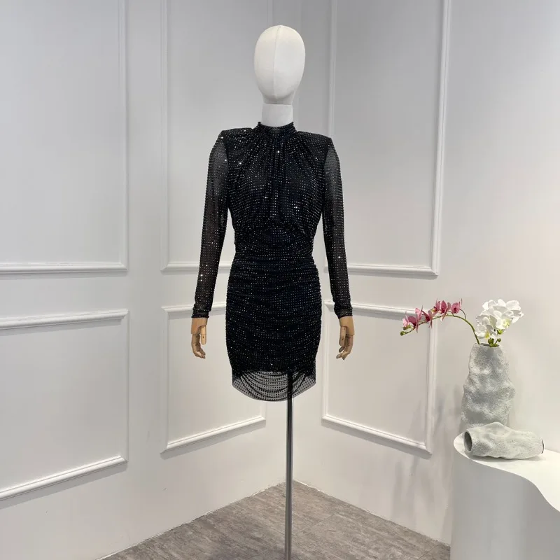

Женское Сетчатое мини-платье со стразами, элегантное черное платье с длинным рукавом и высоким воротником, весна-осень 2023