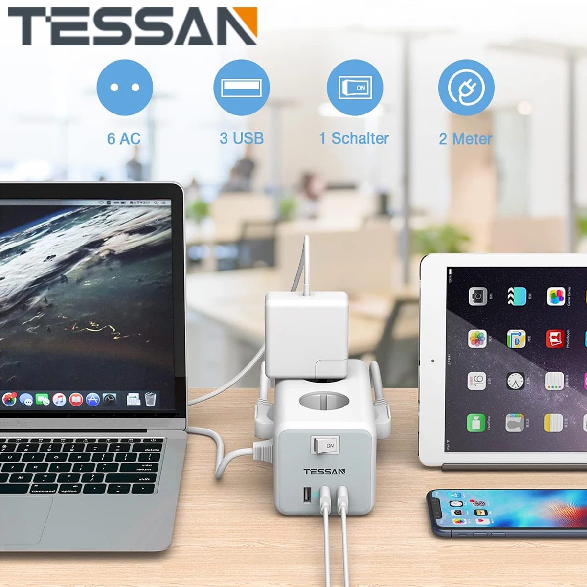 

TESSAN Cube Socket Power Strip with 3/6 AC Outlets & 3 USB Ports, Multiple Socket with 1.5m/2m Extension Cable and On/Off Switch