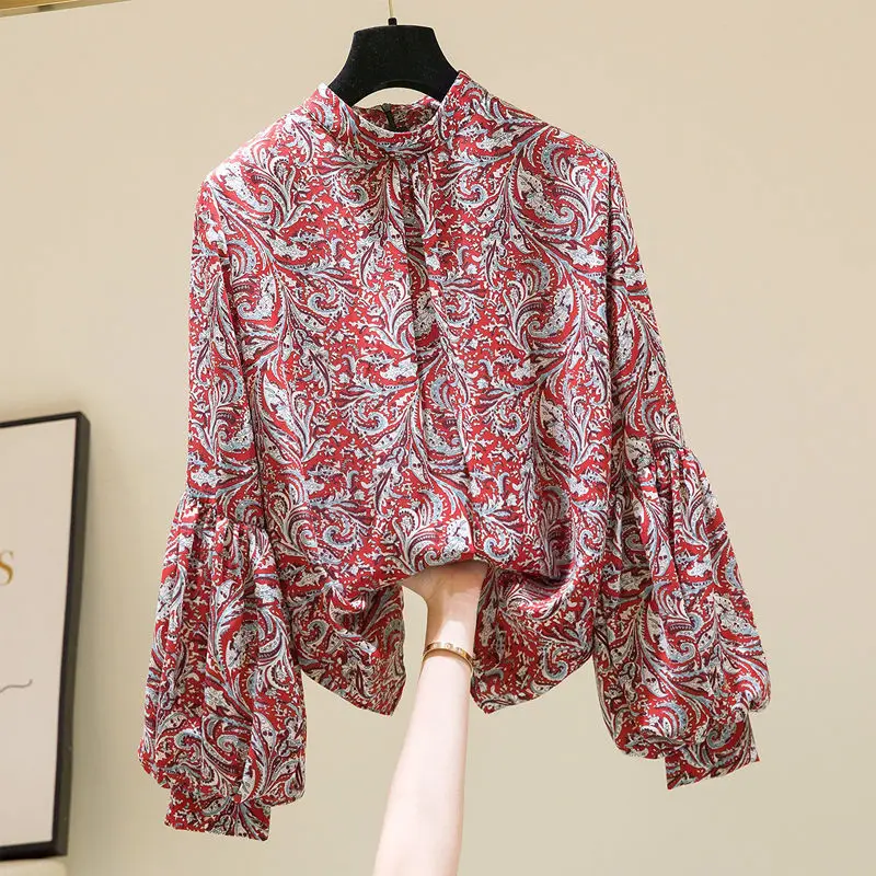 

Шифоновая рубашка с рукавами-фонариками, новая весенняя Ретро блузка с цветочным рисунком, Женский Топ с длинным рукавом и воротником-стойкой