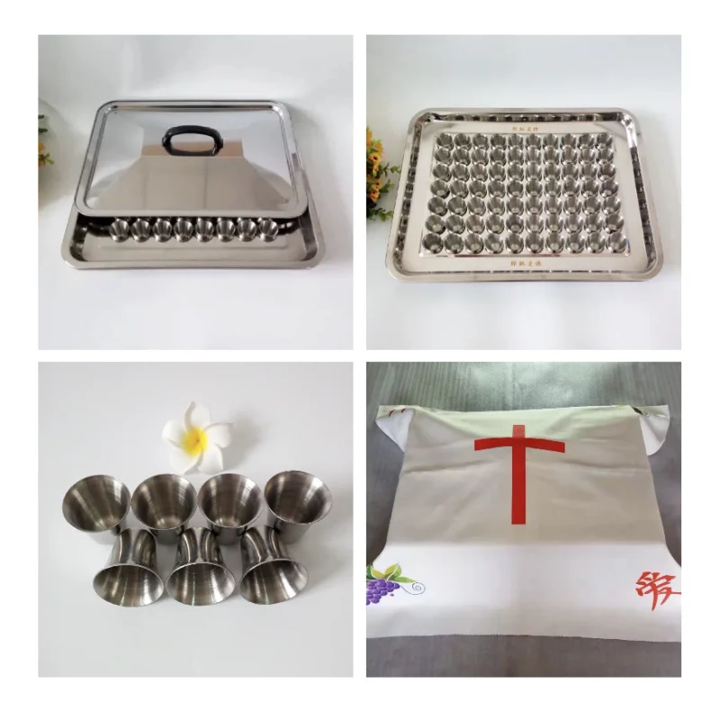 

Base Tray Rectangle with The Stainless Steel Cups with Lid Christian Holy Communion Last Supper Sacrament