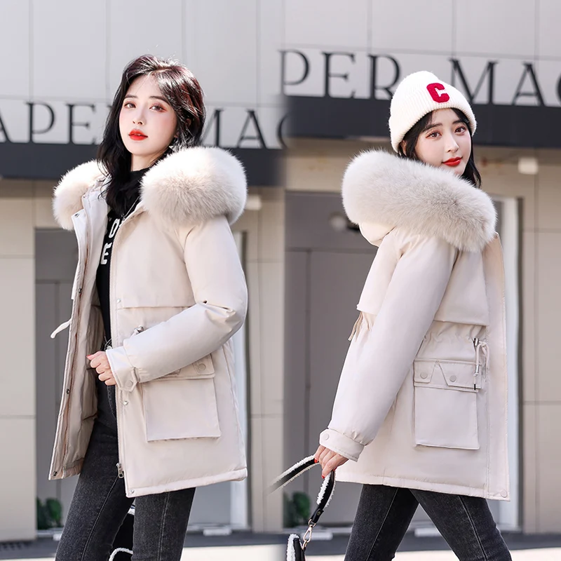 2022 New Winter Jacket  Women Parkas Fashion Zippers Pockets with Fur Collar Warm Snow Wear Padded Hooded Coat winter clothes