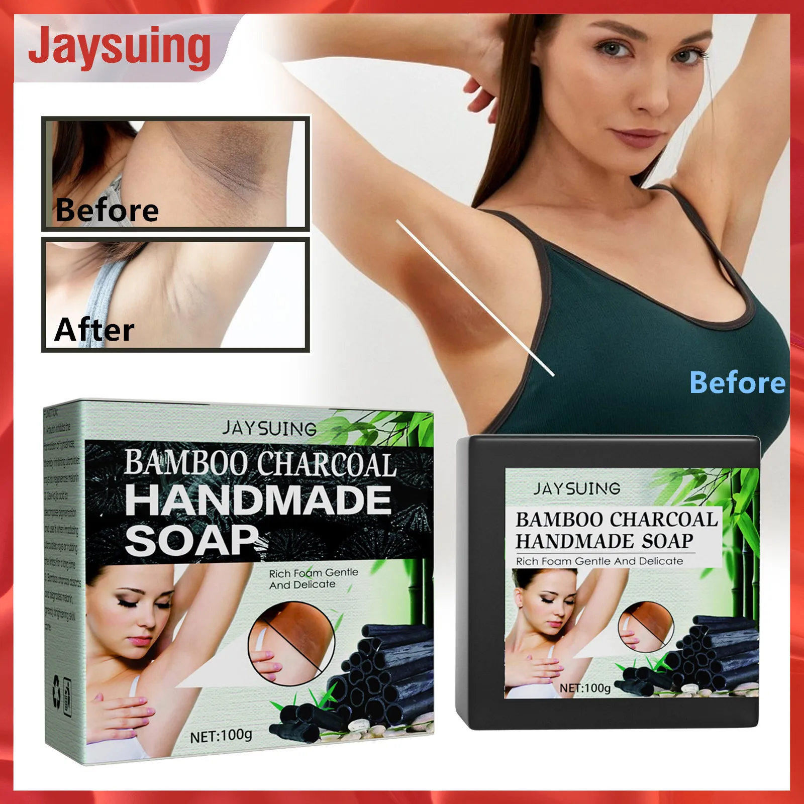 

Jaysuing Bamboo Charcoal Soap Whitening Moisturizing Remove Acne Deep Cleansing Lighten Underarm Dark Skin Handmade Soap 100g