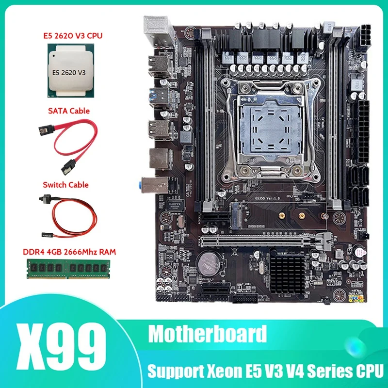 X99 Motherboard LGA2011-3 Computer Motherboard With E5 2620 V3 CPU+DDR4 4GB 2666Mhz RAM+SATA Cable+Switch Cable