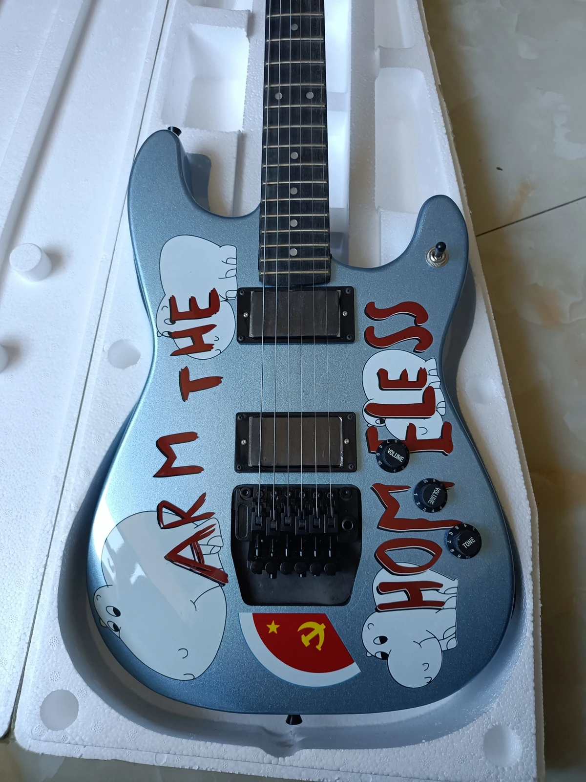 

Hand Made Tom Morello Arm The Homeless Electric Guitar Metallic Blue Black Bridge Tremolo Tailpiece Locking Nut