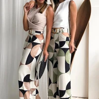 liyong women two piece set v neck tie short pullover solid top print long pants casual style sets