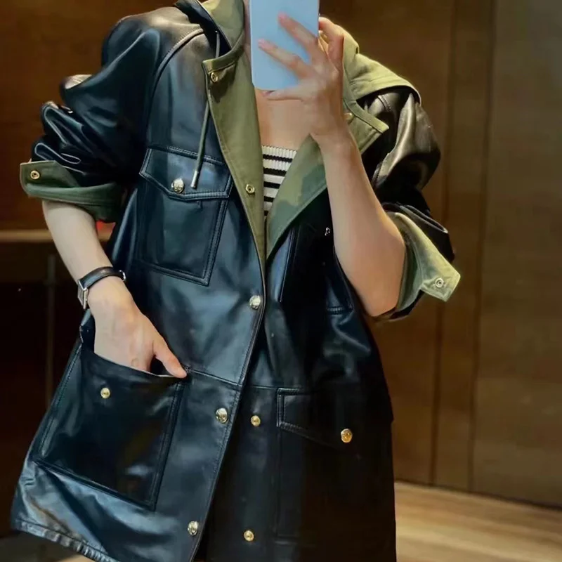 

Genuine leather jacket 2023 autumn and winter new Yang Mi same style sheepskin hooded casual work jacket with two sides for