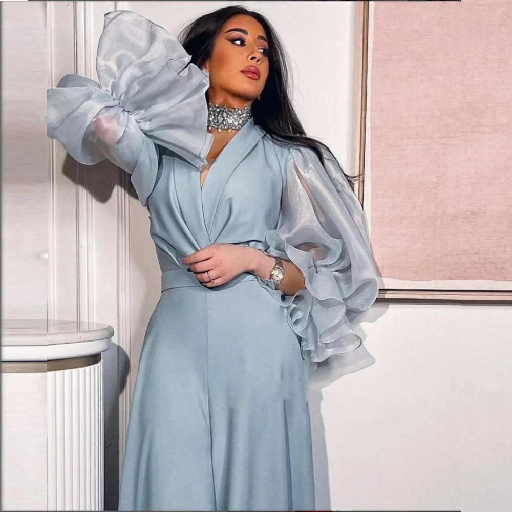 

Dusty Blue Women Formal Evening Jumpsuit Long Sleeves Elegant Arabic Women robes de soirée Prom Pant Outfit Garment