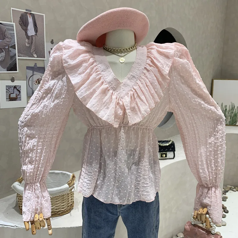 

Niche Design New In Women's Clothing 2023 Spring Ruffle Splice V-neck Shirt Design Sense Long Sleeve Top Blouse