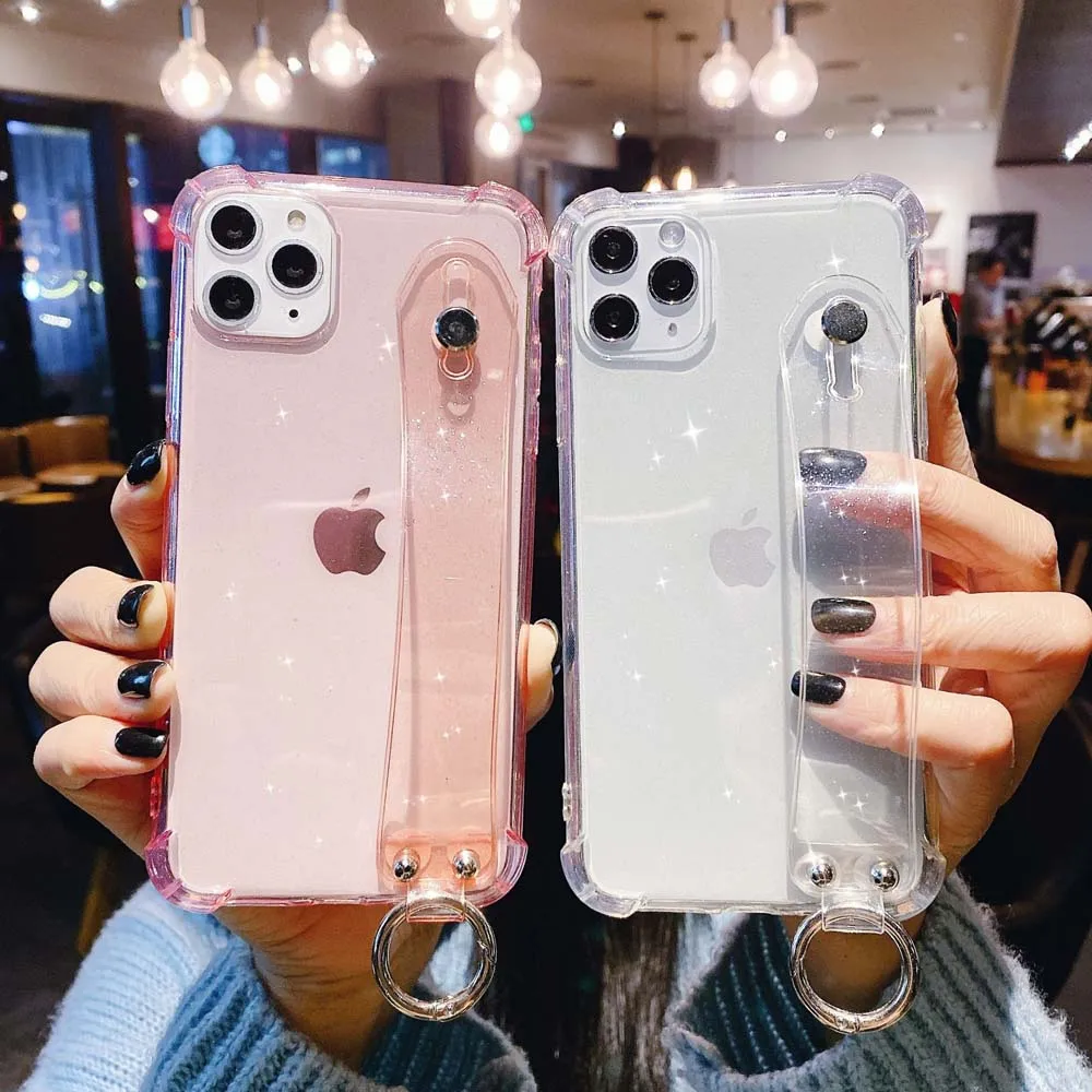 

Wrist Strap Glitter Clear Soft Case for iPhone 14 13 12 11 Pro Max 7 8 14 Plus SE 2 3 XS Max X XR Shockproof Airbag Cover
