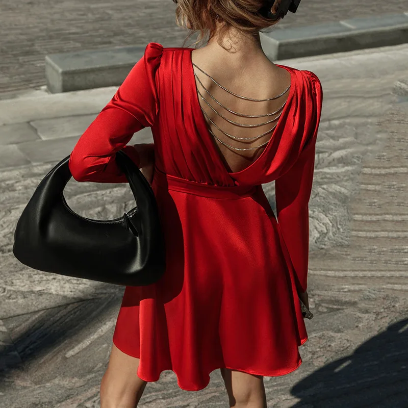 

Red Satin Mini Dress for Women Sexy Backless Chain Long Sleeve Party Dresses 2022 Fall Winter Elegant Club Christmas Outfits